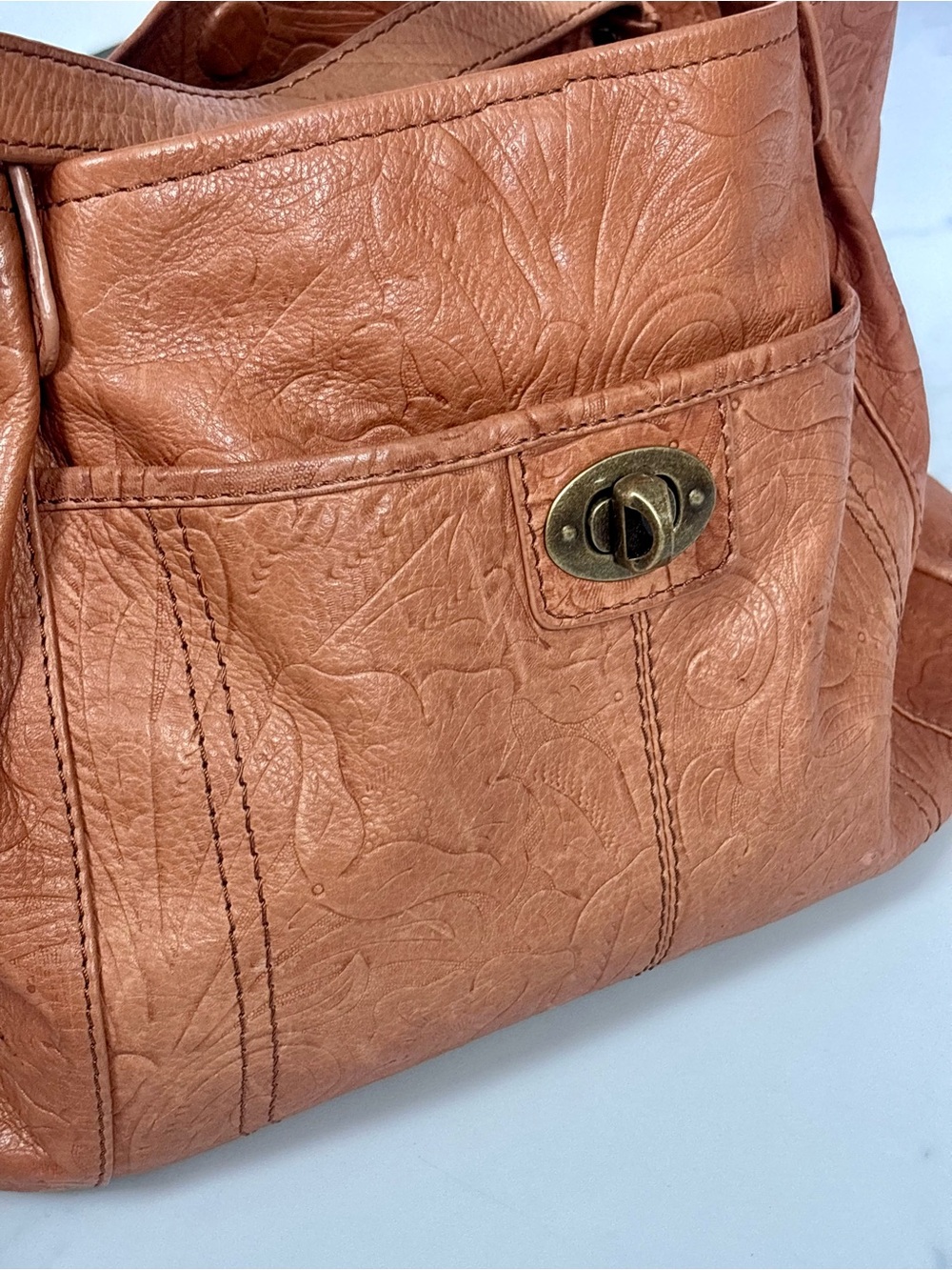 American Leather Co Brown Genuine Leather Embossed Shoulder Bag Boho Western - Picture 7 of 16